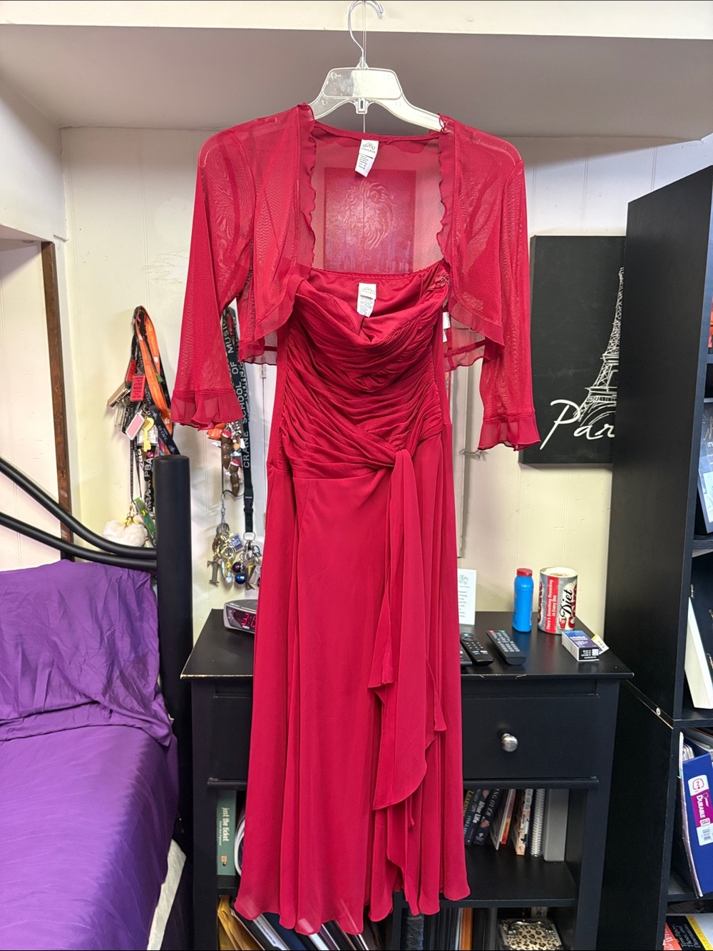 Signature by Sangria Vibrant Red Evening Dress with Sheer Overlay